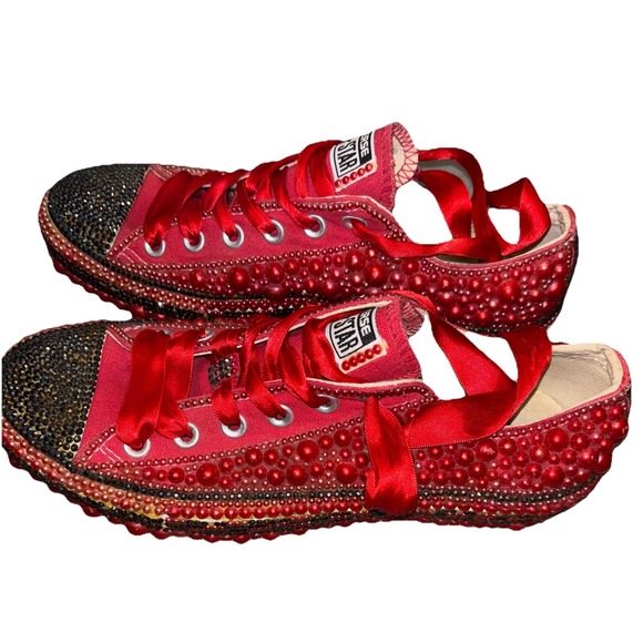 Custom Bling Converse Unisex 9W 7M Low Top Red Sparkly Beaded Embroidered Skate - Picture 3 of 11